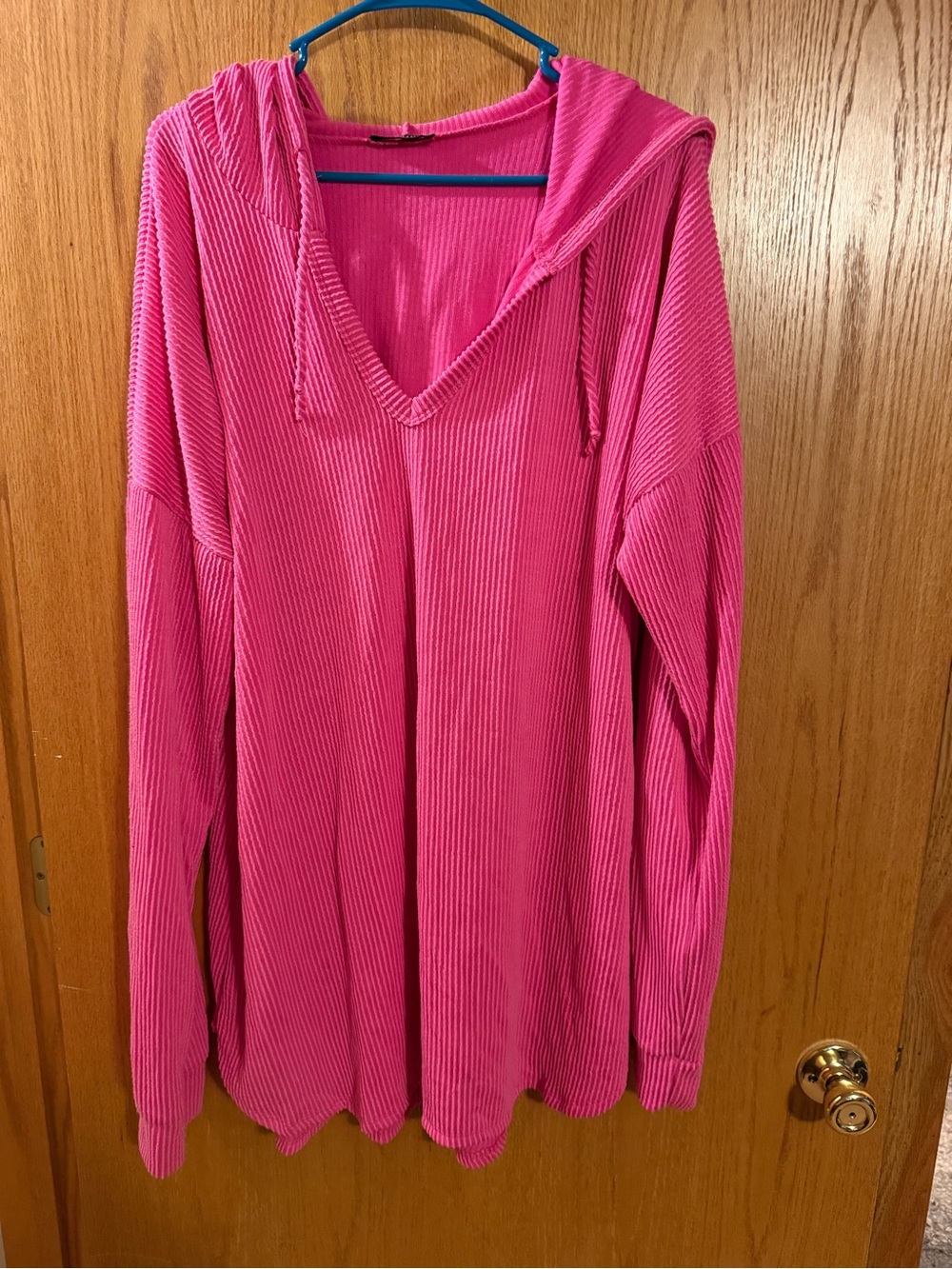 HEIMISH USA Hot Pink Ribbed V-Neck Hoodie Sweater
